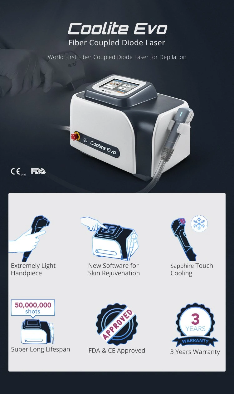 Gsd Coolite Evo Permanent Painless 808nm 810nm Diode Laser Hair Removal Machine Beauty Salon Diode Fiber Coupled Laser Depilation Alexandrite Device